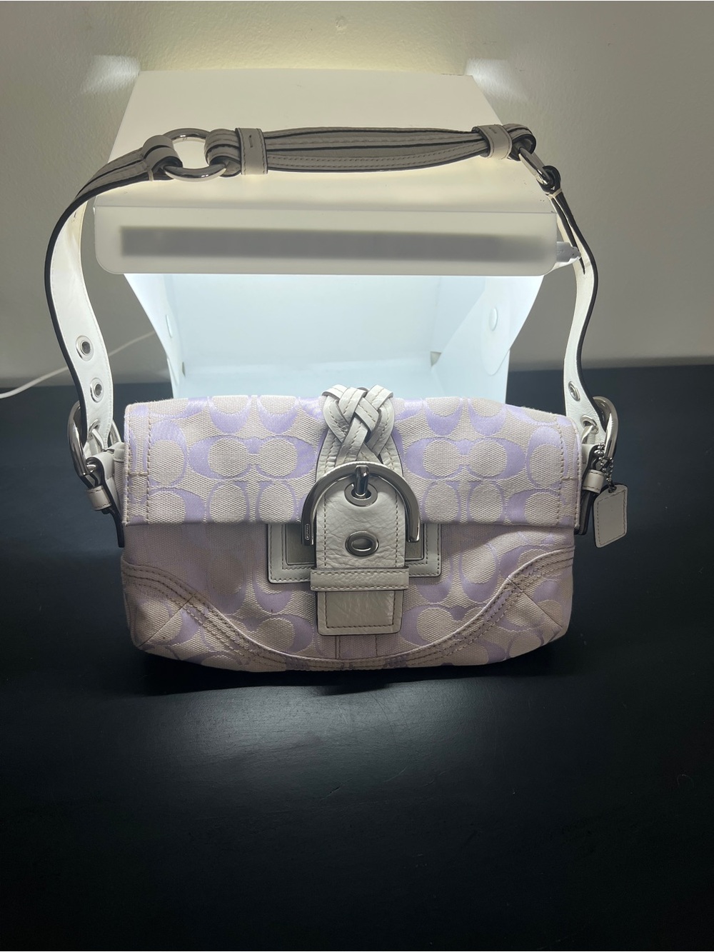 Coach Lilac and White Signature Shoulder Bag with Braided Accent